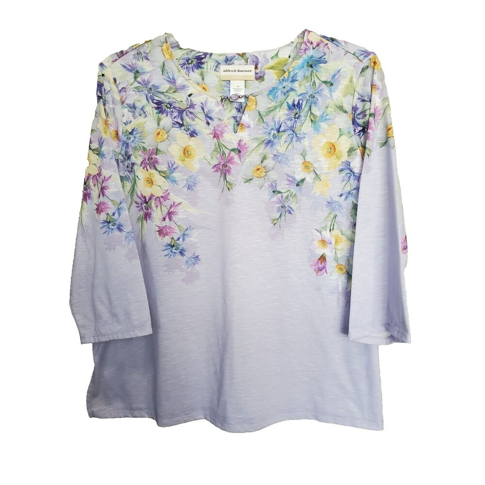 Alfred Dunner Woman Purple Floral Keyhole Neck Knit Top Size 1X
